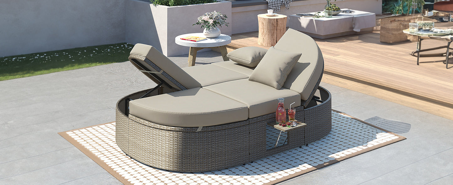 TOPMAX Lit de bronzage d'extérieur pour 2 personnes avec coussins et oreillers, chaise longue inclinable de jardin en rotin avec dossiers réglables et plateaux à tasses pliables pour pelouse, bord de piscine, gris