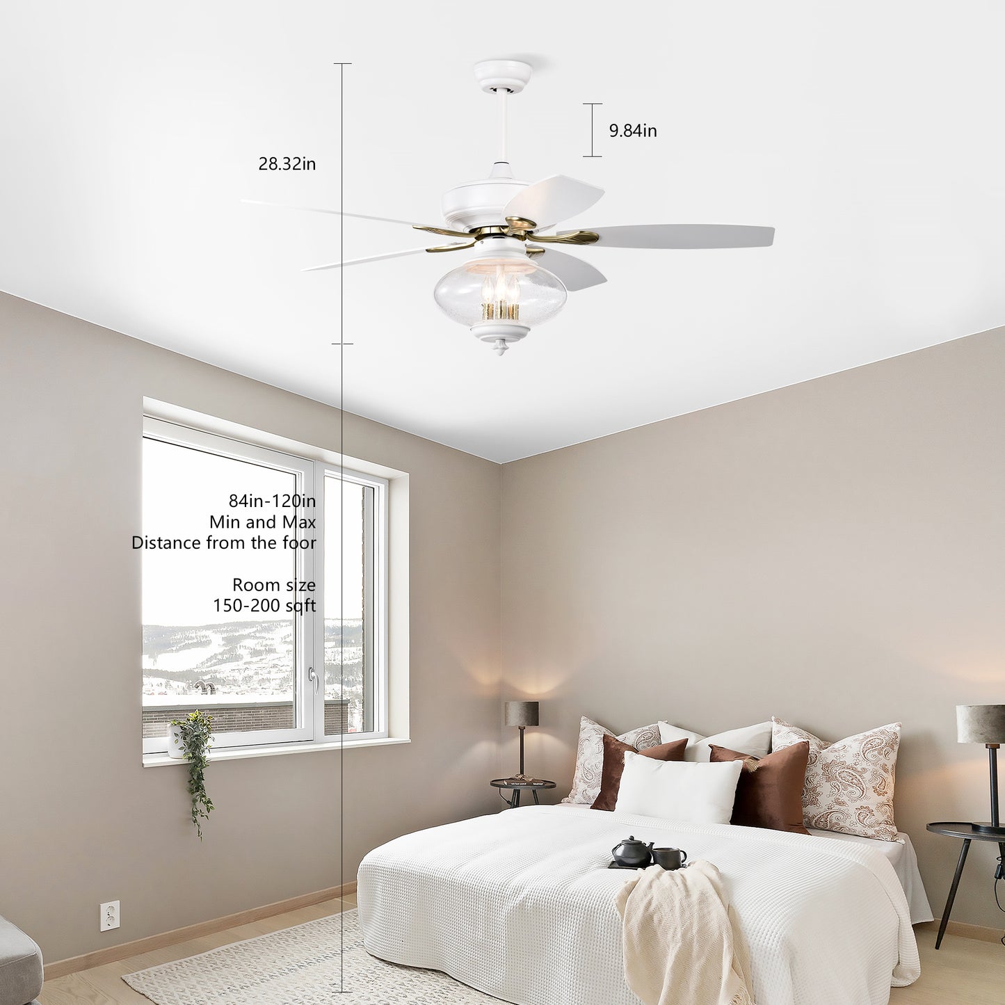 52" Low Profile Ceiling Fan in Matte White - Modern Design with Remote Control and Glass Shade