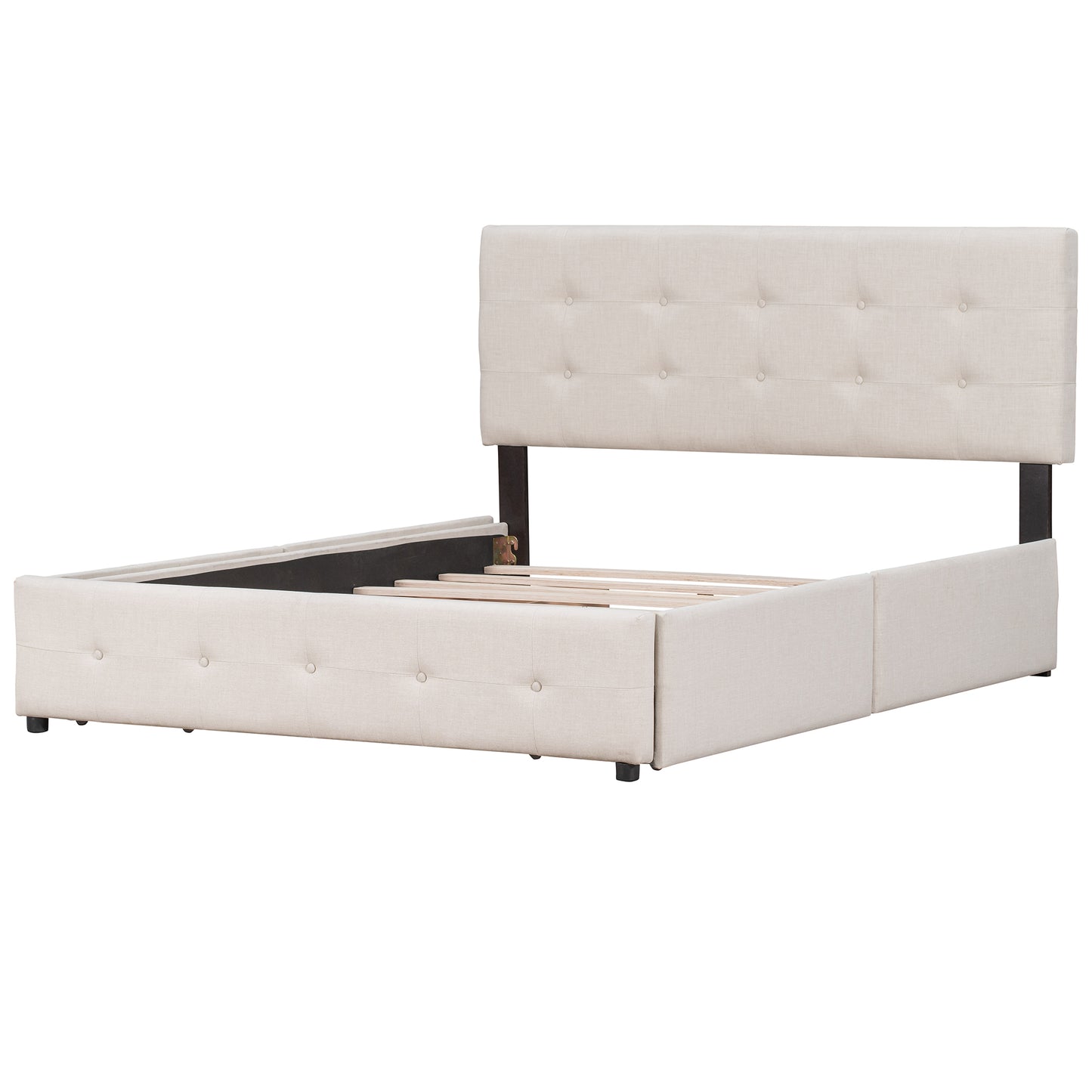 Lit plateforme rembourré avec tête de lit classique et 4 tiroirs, aucun sommier tapissier nécessaire, tissu en lin, Queen Size Beige