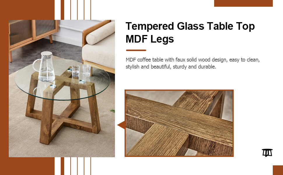 Modern practical circular coffee and tea tables. Made of transparent tempered glass tabletop and wood colored MDF material. Suitable for living rooms and bedrooms.31.5"*31.5"*17.7"