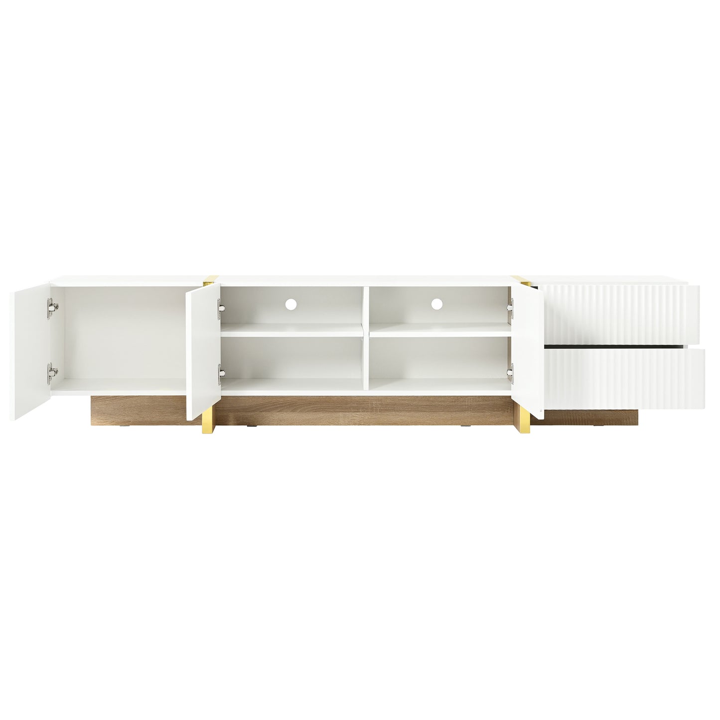 ON-TREND Luxury Fluted TV Stand for TVs Up to 80'', Modern Entertainment Center with Storage Cabinets & Drawers, Smooth Media Console with Golden Wood Grain Legs for Living Room, White