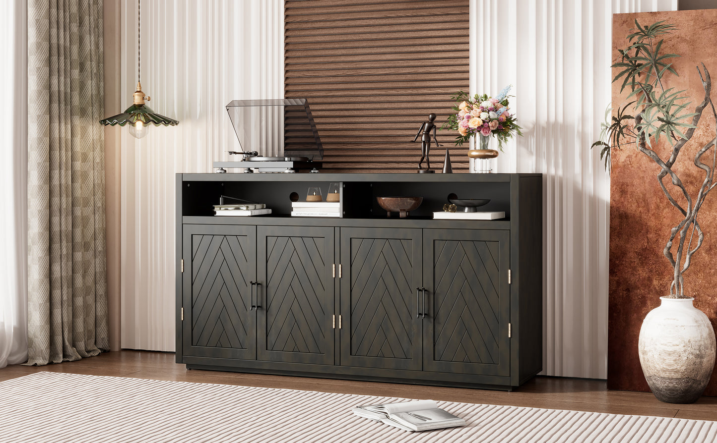 TREXM 4-door Classic Sideboard with Open Storage and Adjustable Shelves Perfect for kitchens,  living rooms (Grey Brown)