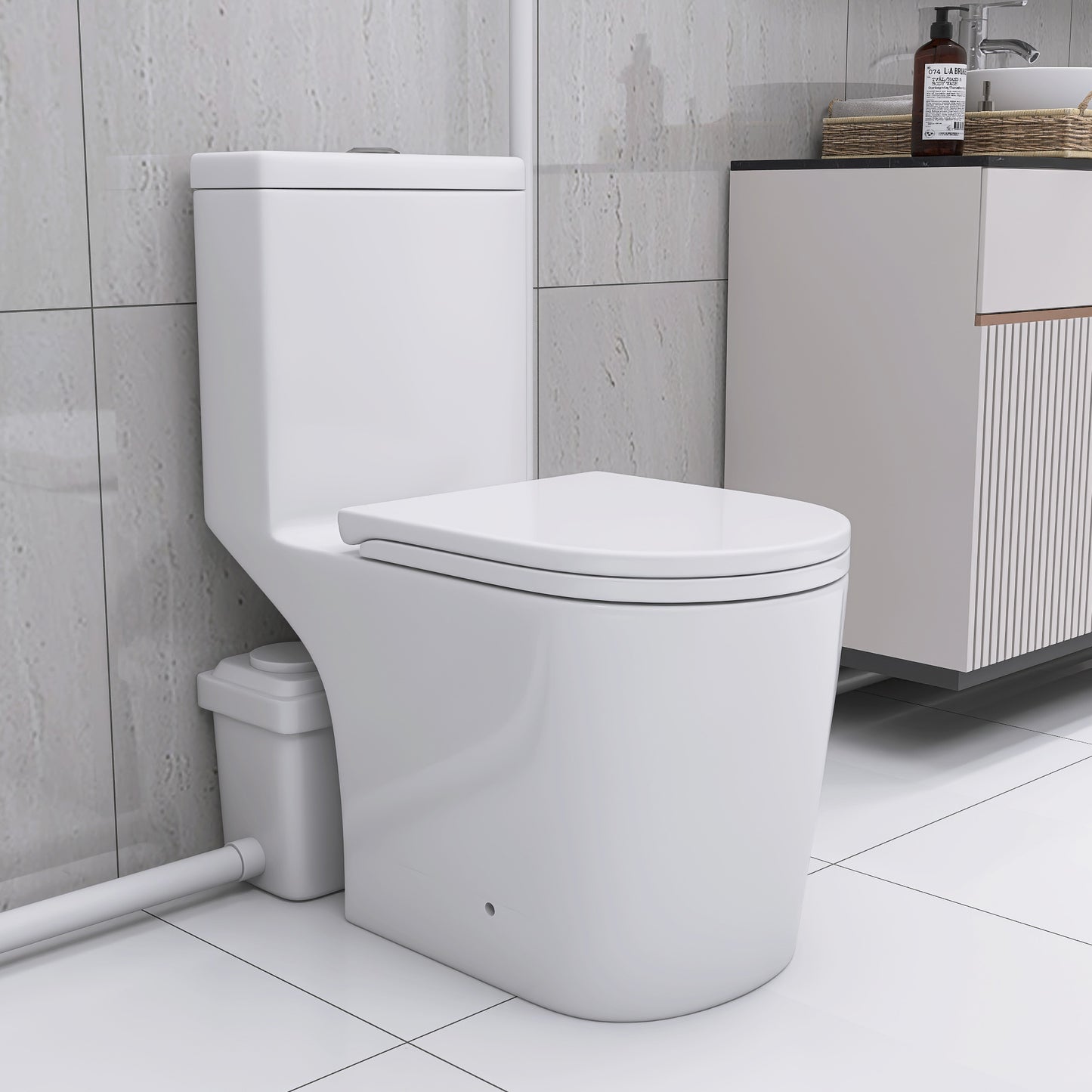 Upflush Toilet For Basement, 600W Macerating Toilet System With Powerful Dual Flush, Elongated 17.25 ADA Comfort, Soft-Close Seat, 3 Water Inlets Connect to Sink, Shower, White