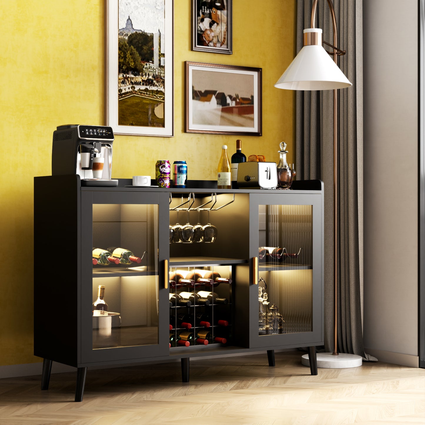 Armoire de bar à vin LED, armoire à café avec support à vin et verres, buffet de cuisine avec étagères de rangement, armoire à alcool autoportante pour salon, salle à manger (noir)