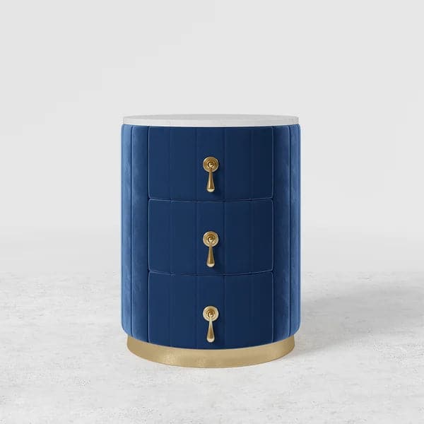 Blue Velvet Nightstand with Storage Sintered Stone Top Round Nightstand with 3 Drawers