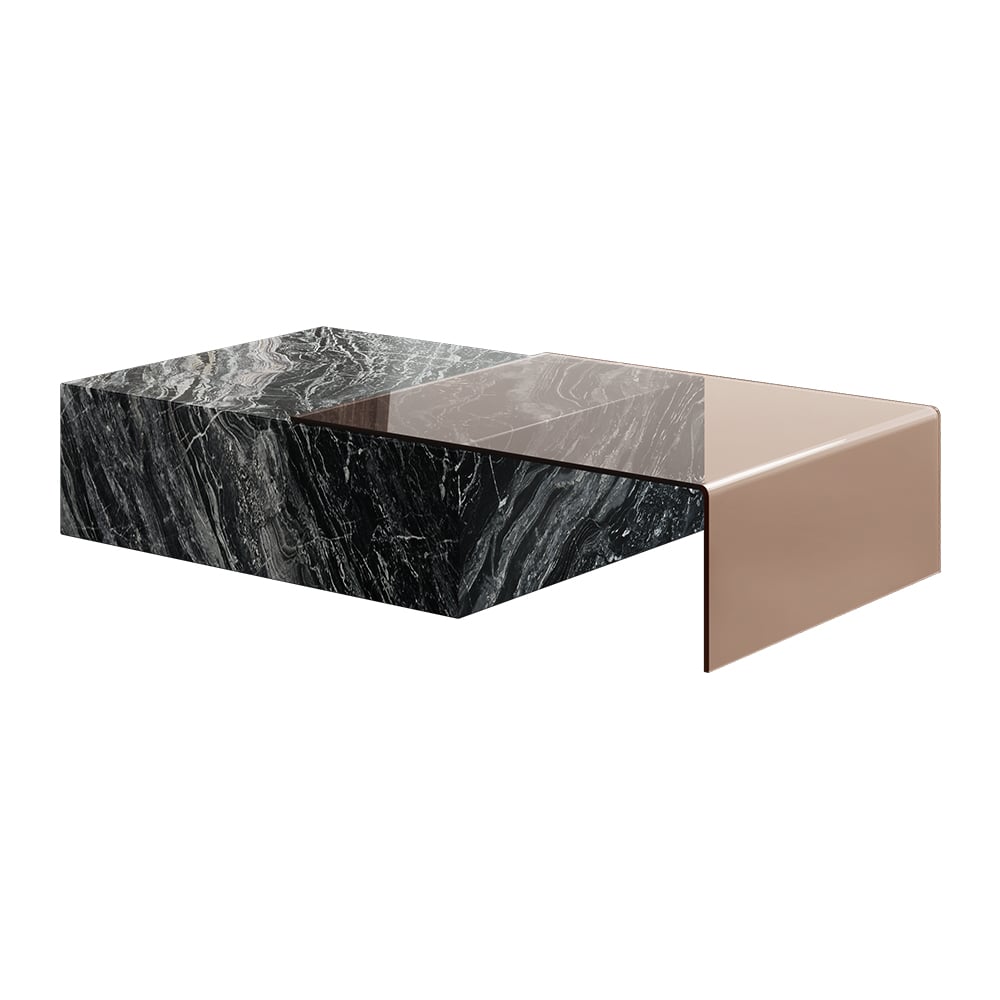 2 Piece Modern Large Square Coffee Table in Black & Tea with Marble Veneer & Acrylic