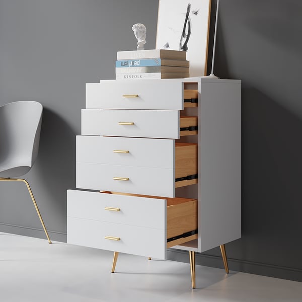 Modern Wood Dresser with 4 Drawers in White Storage Chest for Bedroom