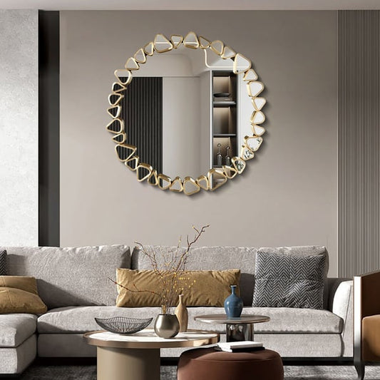 23.6" Modern Large Gold Round Pebble Wall Mirror Decor with Geometric Frame Living Room