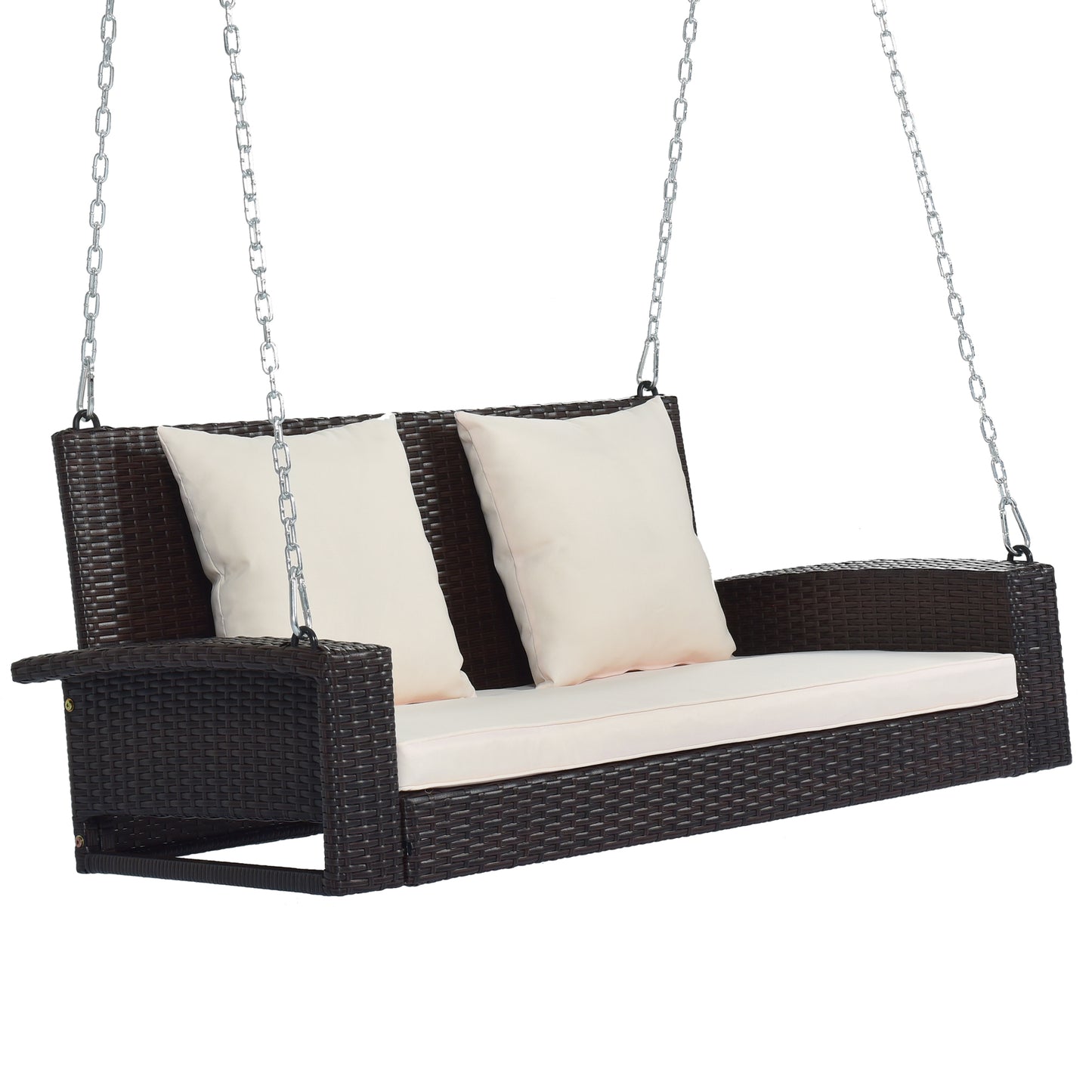 GO Balançoire de porche suspendue en osier pour 2 personnes avec chaînes, coussin, oreiller, banc de balançoire en rotin pour jardin, cour, étang. (Osier marron, coussin beige)