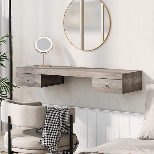 Modern Wall-Mounted Vanity Desk - 47.2" Floating Shelf with Drawers, Dressing Table and Computer Desk in Log Gray