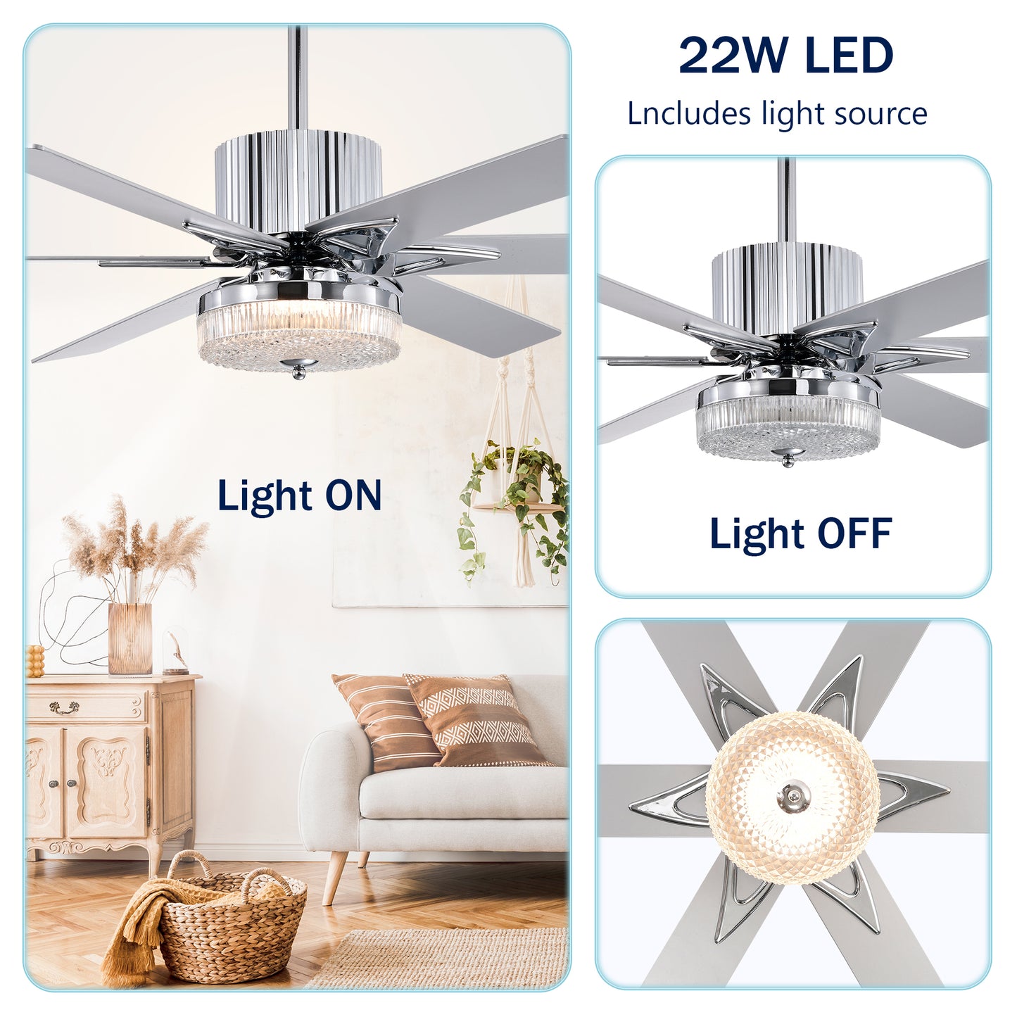 52" Modern Ceiling Fan with Remote - Chrome Finish, Wood Blades, LED Light for Living Room