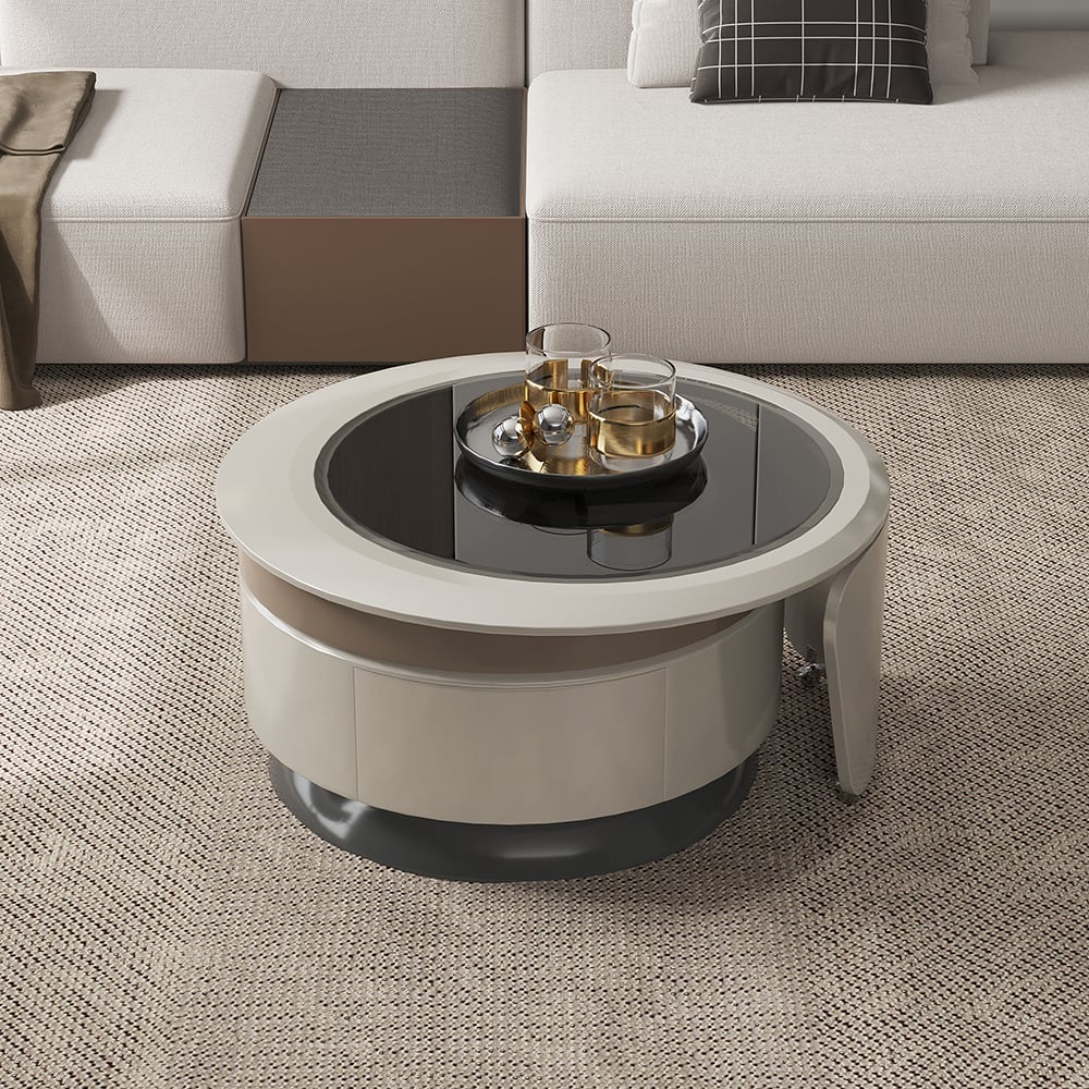 Gray Round Wood Swivel Modern Coffee Table with Storage Wood Accent Table Glass Tabletop