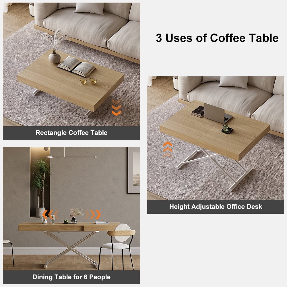 Modern Natural Wood Extendable Coffee Table & Dining Table Rectangle Height Adjustable