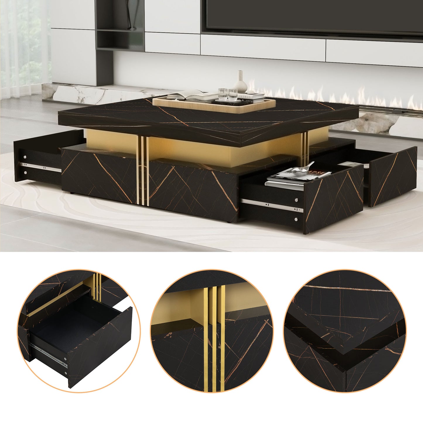 Modern Black Square Storage Coffee Table With 4 Drawers