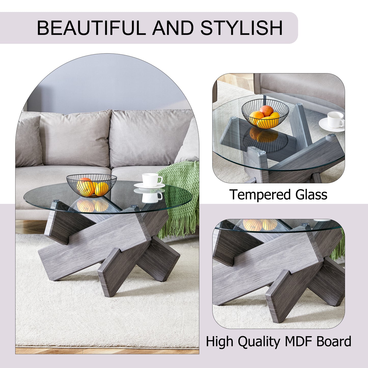 Contemporary Round Coffee Table with Tempered Glass Top - 33.4" Design, Suitable for Living and Dining Areas