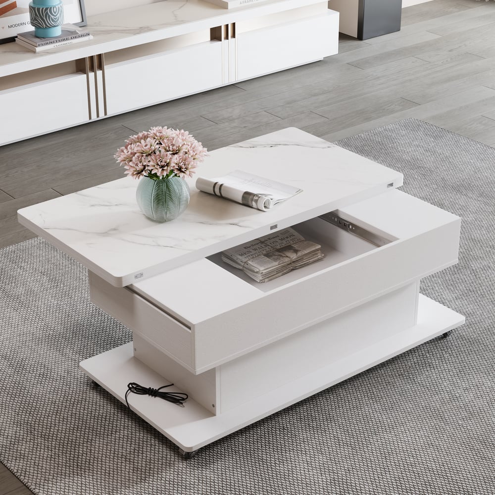 Modern White Power Lift Height Multifunctional Coffee Table Extendable 2 Drawers USB