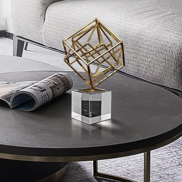 Modern Gold Metal 3D Geometry Ornament Figurine Sculpture Decor Art with Crystal Stand