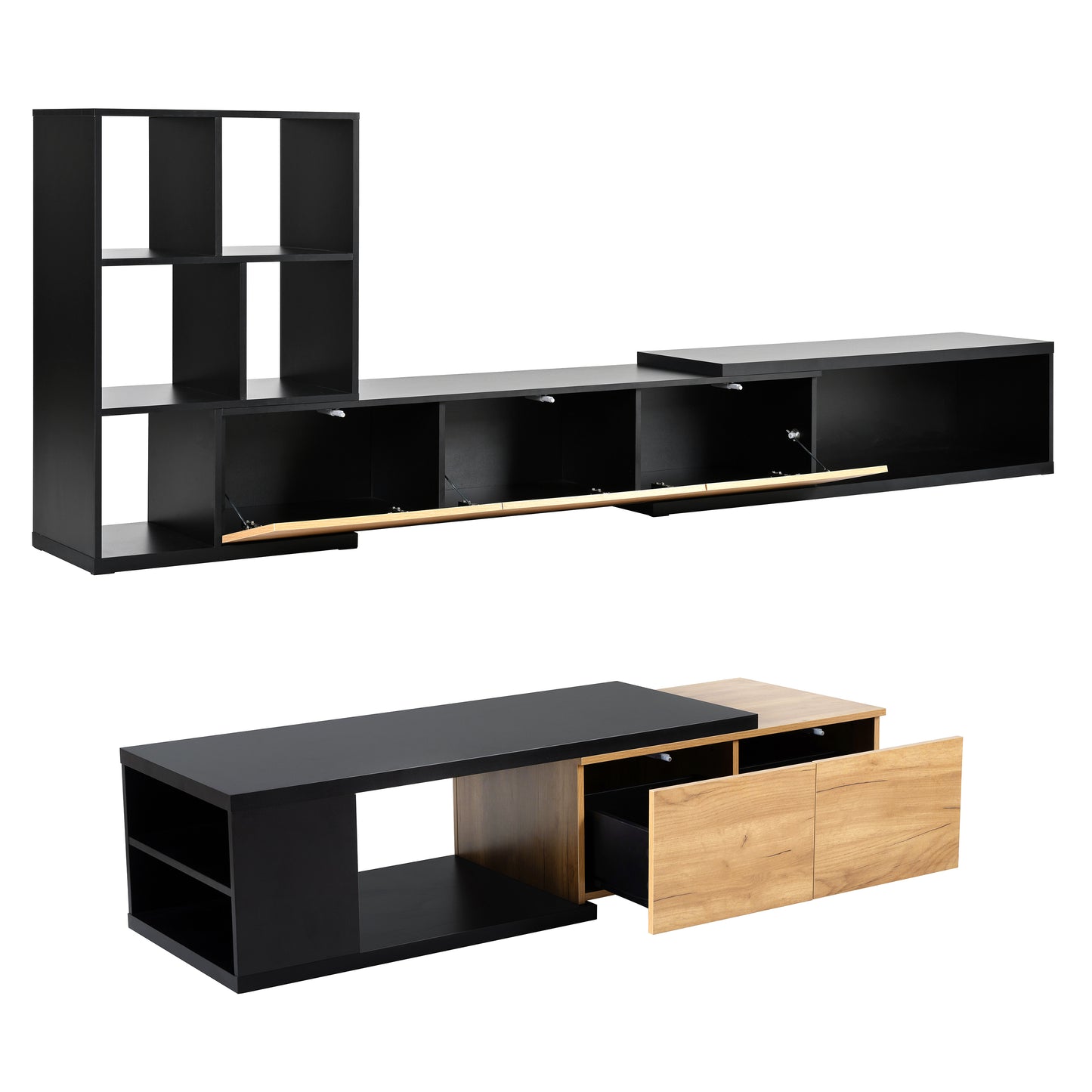 Extendable TV Stand and Coffee Table, Set of 2, Media Console with 3 Tier Bookshelves for TVs up to 110'', Dual-tone Center Table with Sliding Tabletop for Living Room, Black