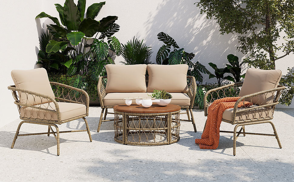 Bohemia-Inspired 4-Person Outdoor Seating Group - Removable Cushions and Wood Tabletop, Beige Conversation Patio Set