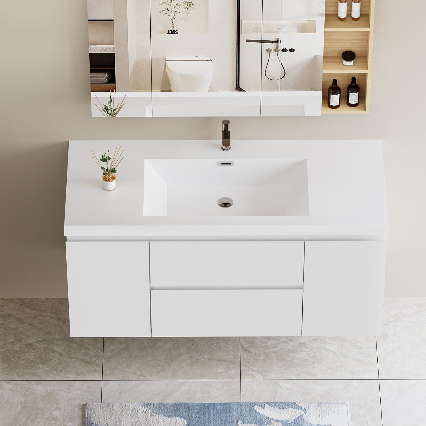 48" Floating Bathroom Vanity with Sink, Modern Wall-Mounted Bathroom Storage Vanity Cabinet with Resin Top Basin and Soft Close Drawers, Glossy White