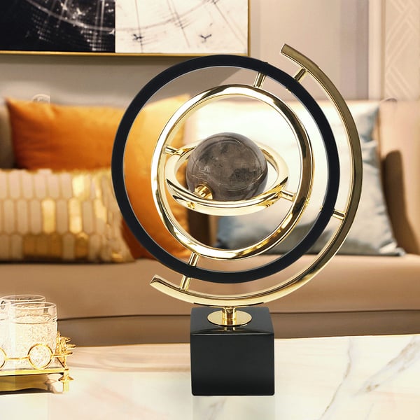 Modern Abstract Metal Black & Gold Globe Ornament Sculpture Decor with Rectangle Stand