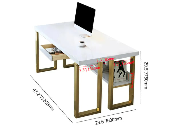 Modern White & Gold Rectangular Computer Desk with Drawer & Storage Shelf