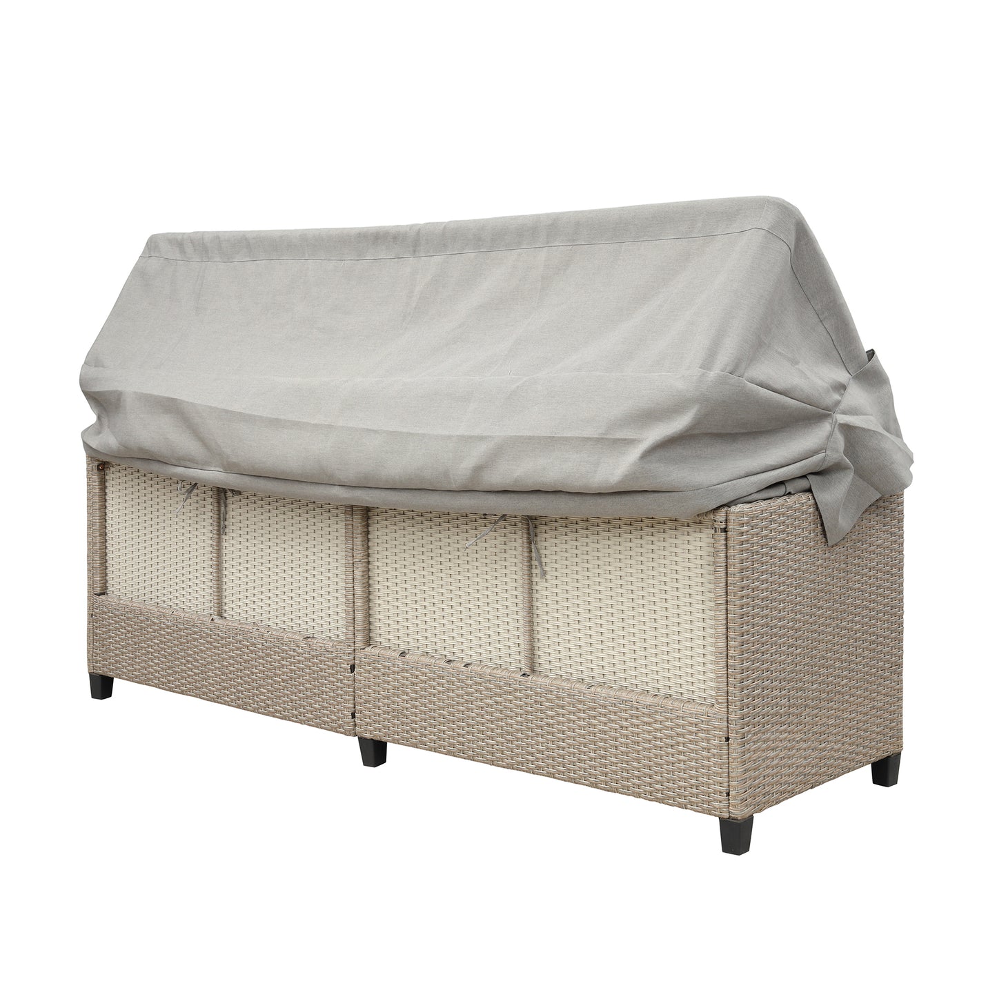 TOPMAX Ensemble de canapé de patio en osier en résine résistant aux UV 4 pièces avec auvent rétractable, coussins et table élévatrice, marron