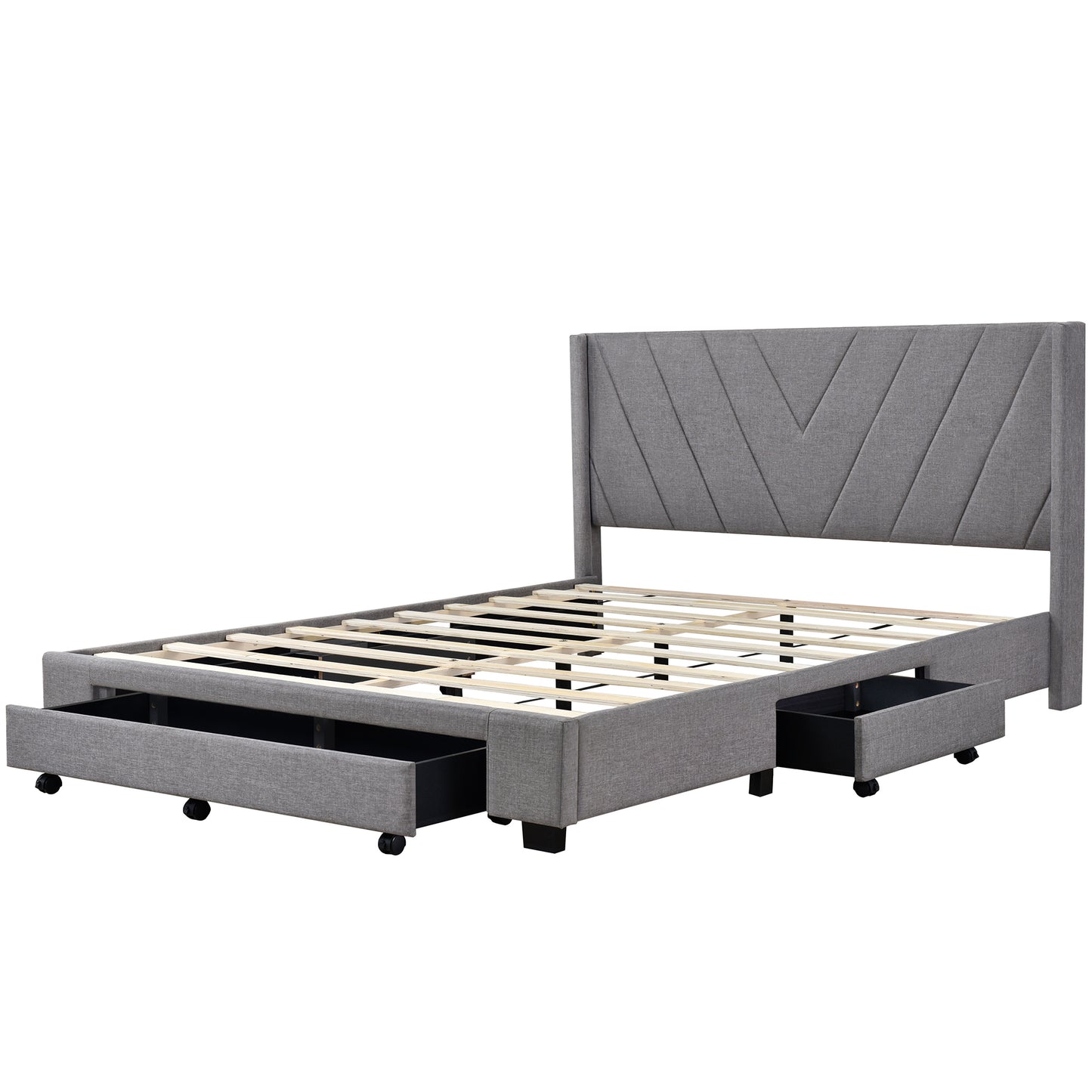 Lit plateforme rembourré avec rangement Queen Size avec 3 tiroirs (gris)