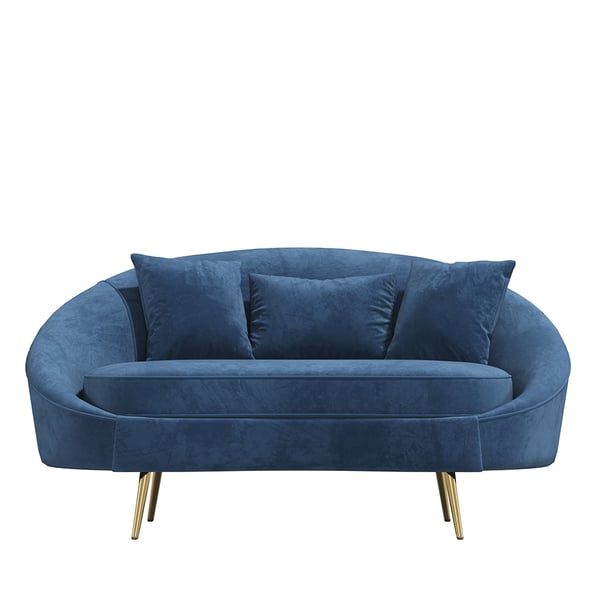 Modern 63 Inches Blue Velvet Curved Sofa Gold Legs Toss Pillow Included