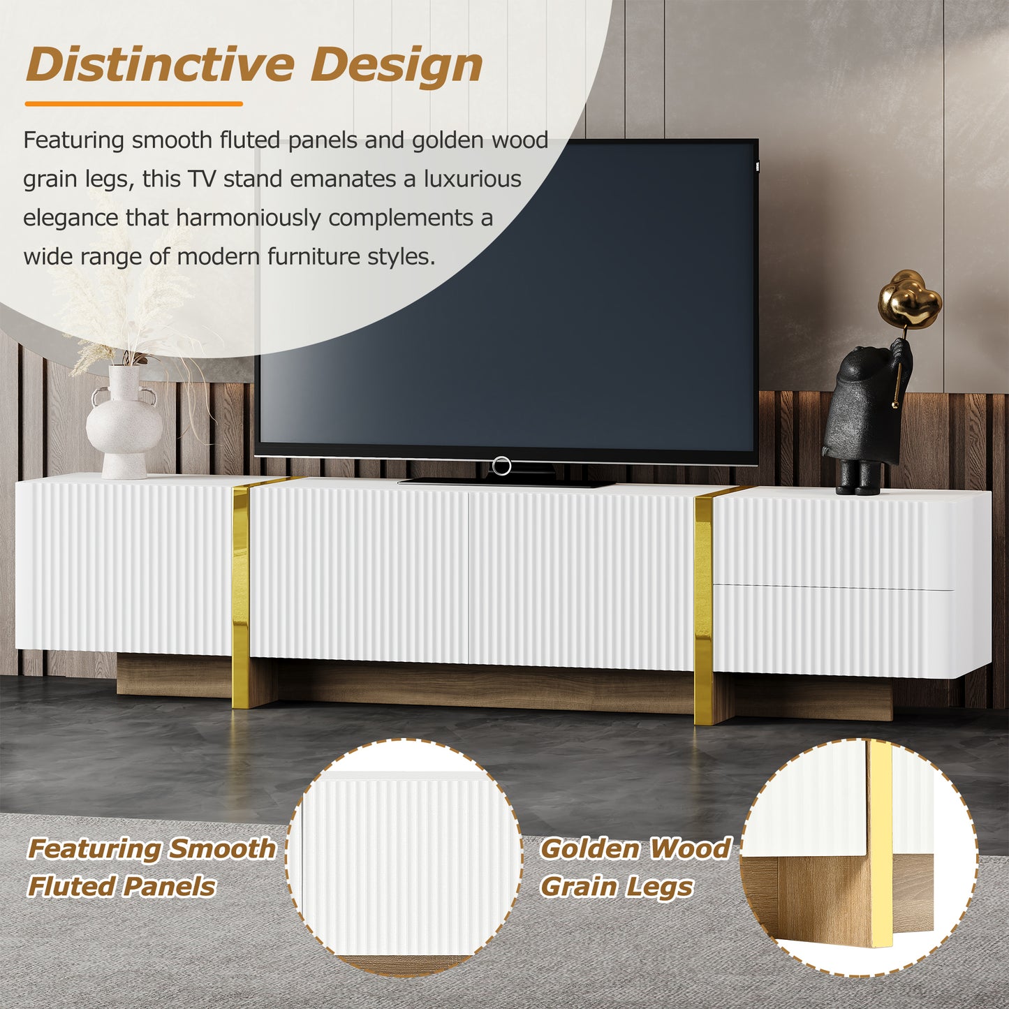 ON-TREND Luxury Fluted TV Stand for TVs Up to 80'', Modern Entertainment Center with Storage Cabinets & Drawers, Smooth Media Console with Golden Wood Grain Legs for Living Room, White