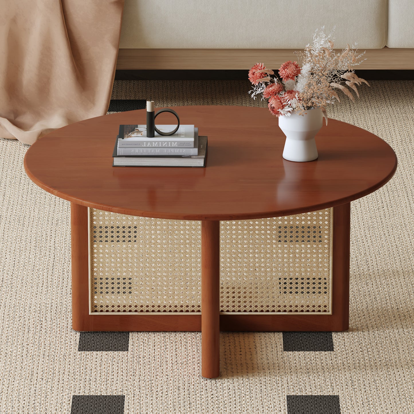 Elegant Deep Red Wooden Coffee Table with Artificial Rattan Decorations Ideal for Living Rooms and Relaxing Tea Time