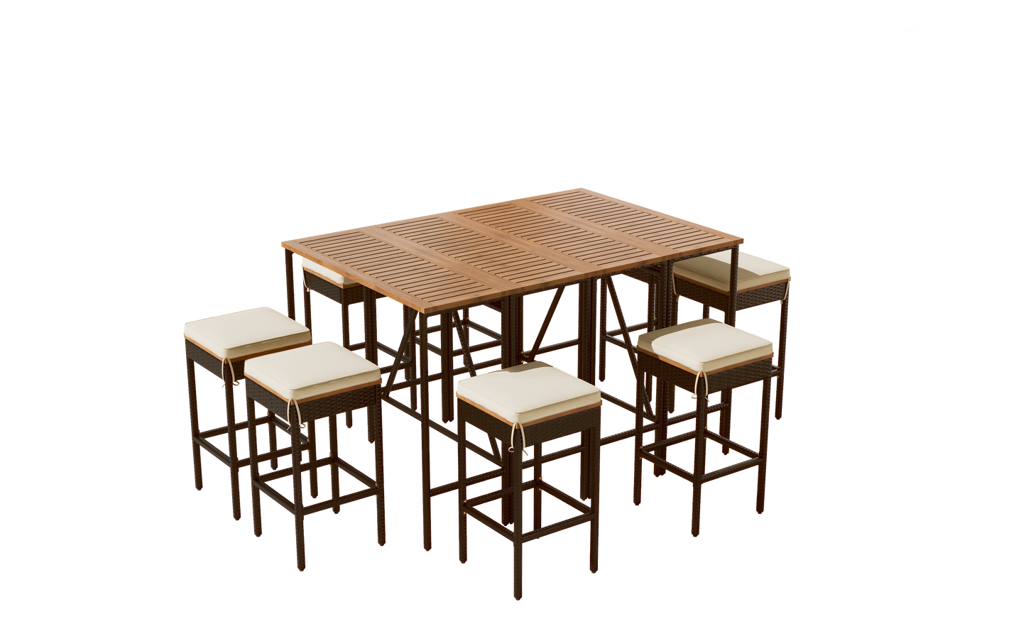 GO Table de bar d'extérieur en bois d'acacia 10 pièces et huit tabourets avec coussins, table de salle à manger de jardin en rotin PE, plateau pliable, ensemble bistro de salle à manger haute, meubles de patio toutes saisons, marron