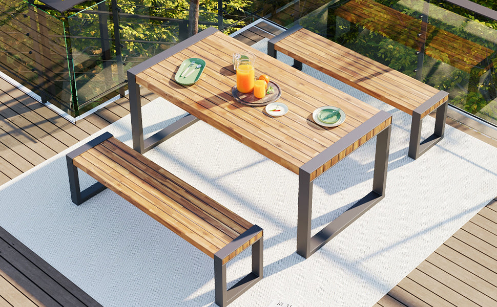 3-Piece Outdoor Dining Set: Acacia Wood Table & 2 Benches with Unique Texture, Durable Steel Frame for All-Weather Use