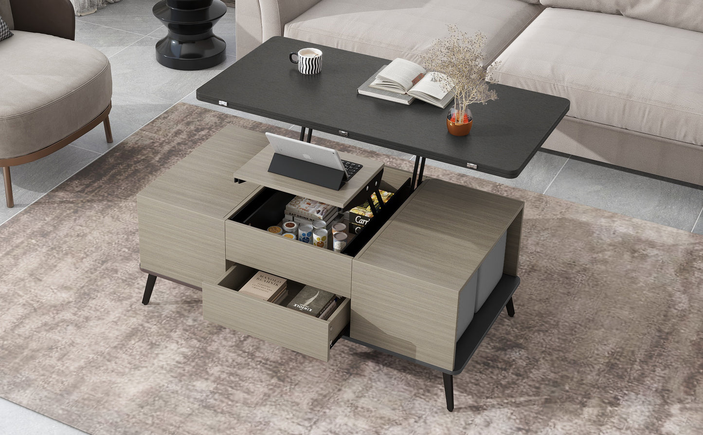 5 Pieces Lift Top Coffee Table Set with Storage Convertible Dining Table with Ottomans