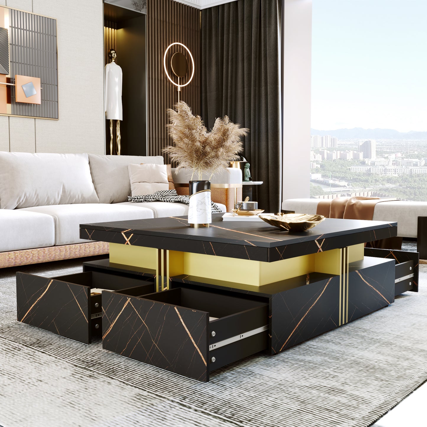 Modern Black Square Storage Coffee Table With 4 Drawers