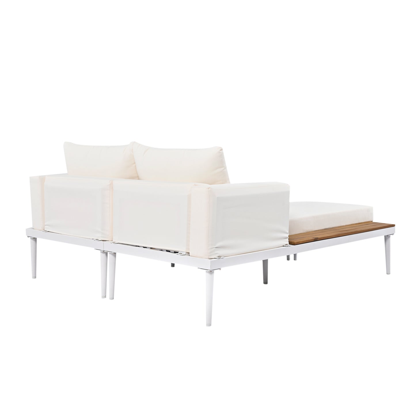 TOPMAX Lit de repos d'extérieur moderne en métal avec espaces latéraux en bois pour boissons, chaise longue rembourrée 2 en 1 pour bord de piscine, balcon, terrasse, beige