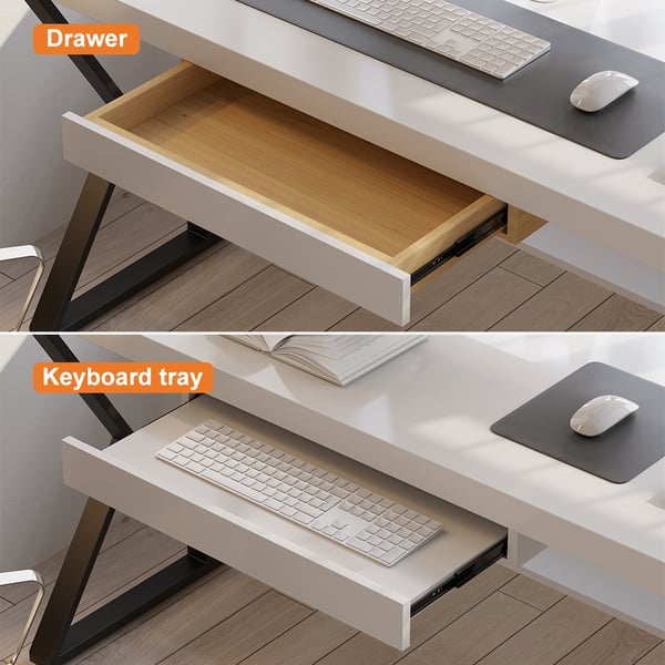 White Rectangular Writing Desk Computer Desk with Shelf & Keyboard Tray