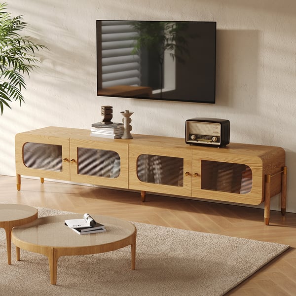 Meuble TV en bois naturel et acrylique de 78 pouces, console multimédia moderne rectangulaire en acier inoxydable