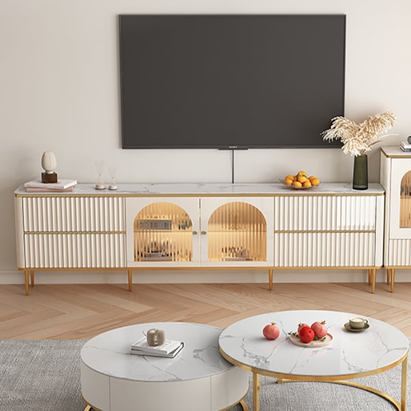 Meuble TV en pierre cannelée avec porte en verre blanc de 80", meuble multimédia en bois pour téléviseur de 85" avec tiroirs