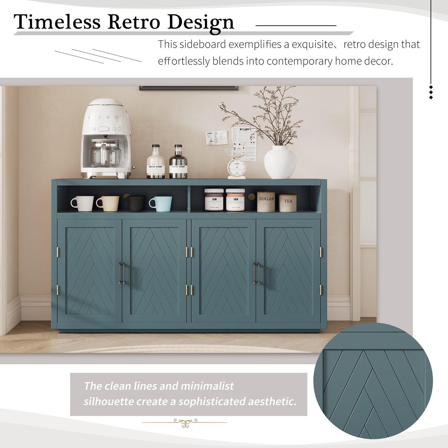 TREXM 4-door Classic Sideboard with Open Storage and Adjustable Shelves Perfect for kitchens,  living rooms (Smoke Blue)