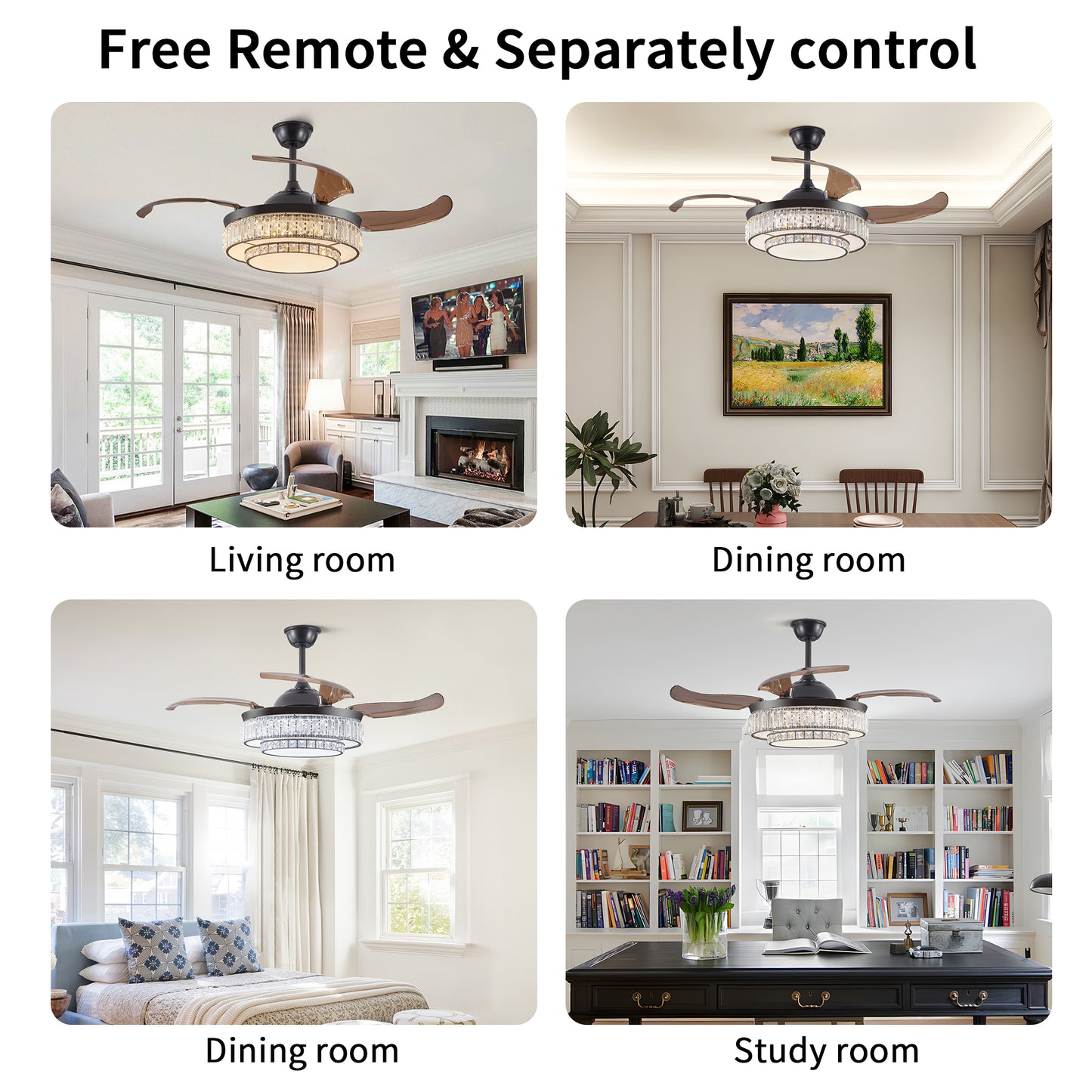 Stylish Retractable Ceiling Fan with LED Light - 4-Blade Design, Remote Control