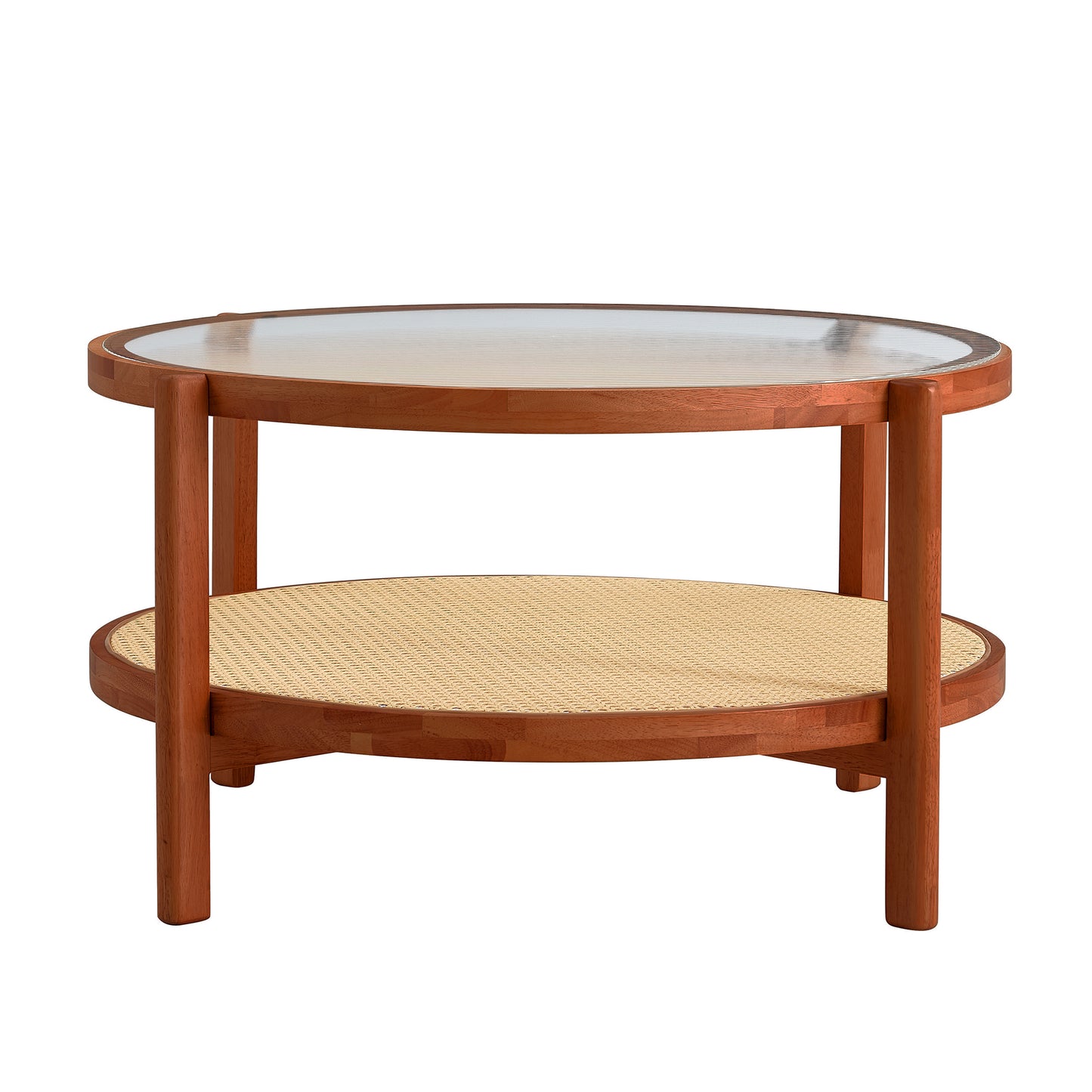 Modern Minimalist Circular Coffee Table - Double-Layer Solid Wood Design with Craft Glass Top and PE Rattan