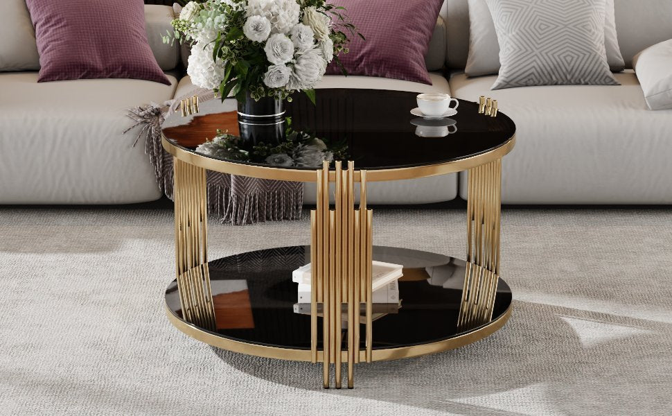 Modern Black Mirror Coffee Table, Asymmetrical Metal, Circular Metal Drum Base, Gold Finish & Lower Shelf