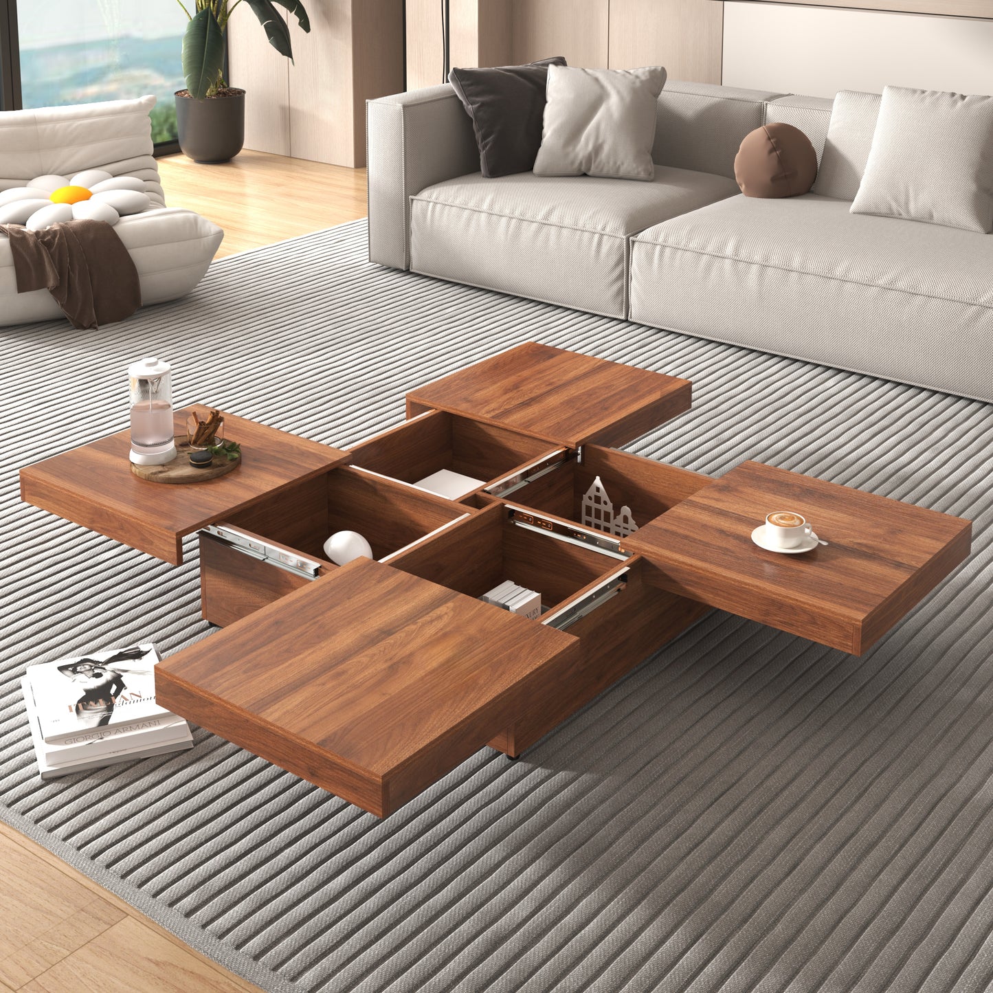 Square Marble Veneer Coffee Table Sliding Top with Storage in Walnut 39.4''