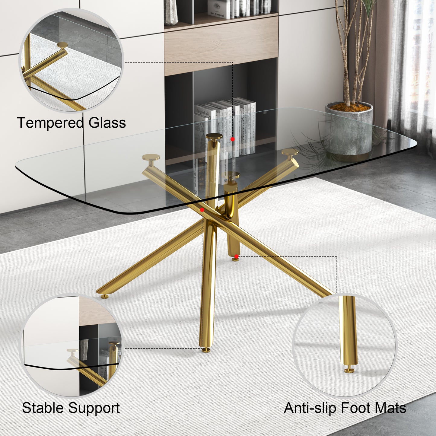 Large Modern Minimalist Rectangular Glass Dining Table with 0.39" Tempered Glass Top and Gilded Metal Legs for Kitchen, Dining Room, Living Room, Meeting Room, Ballroom 71" x 35.4" x 30".