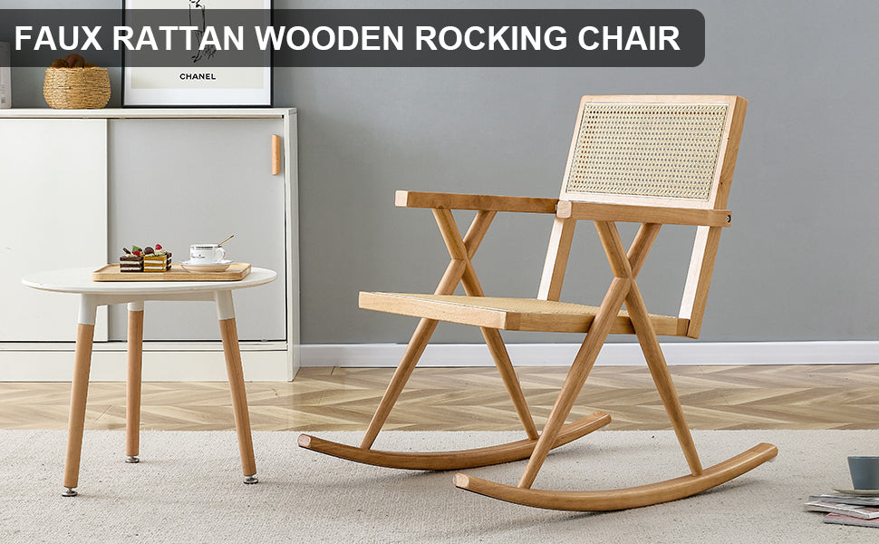 Elegant Solid Wood Rocking Chair with Imitation Rattan - Ideal for Indoor and Outdoor Relaxation