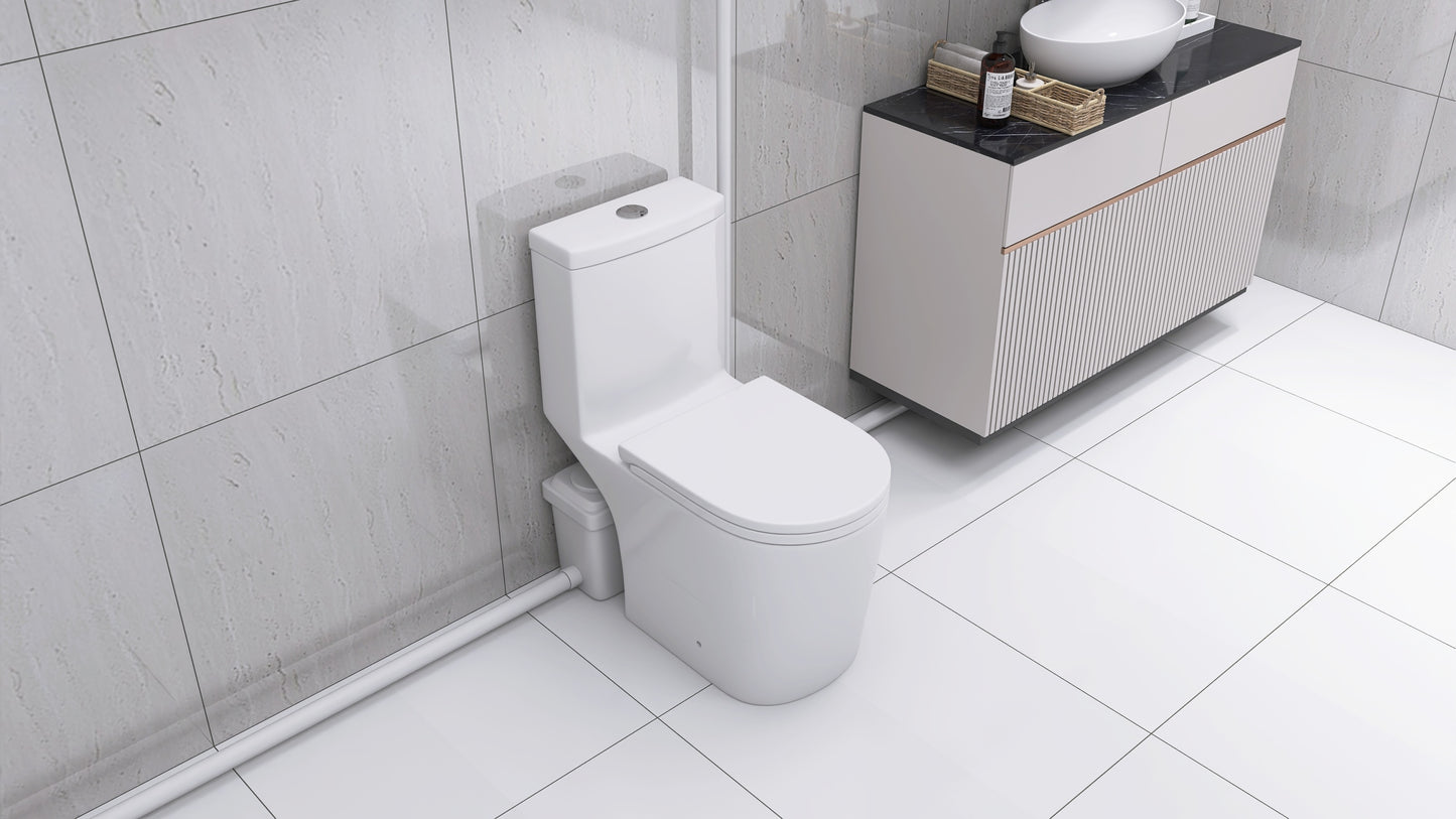 Upflush Toilet For Basement, 600W Macerating Toilet System With Powerful Dual Flush, Elongated 17.25 ADA Comfort, Soft-Close Seat, 3 Water Inlets Connect to Sink, Shower, White