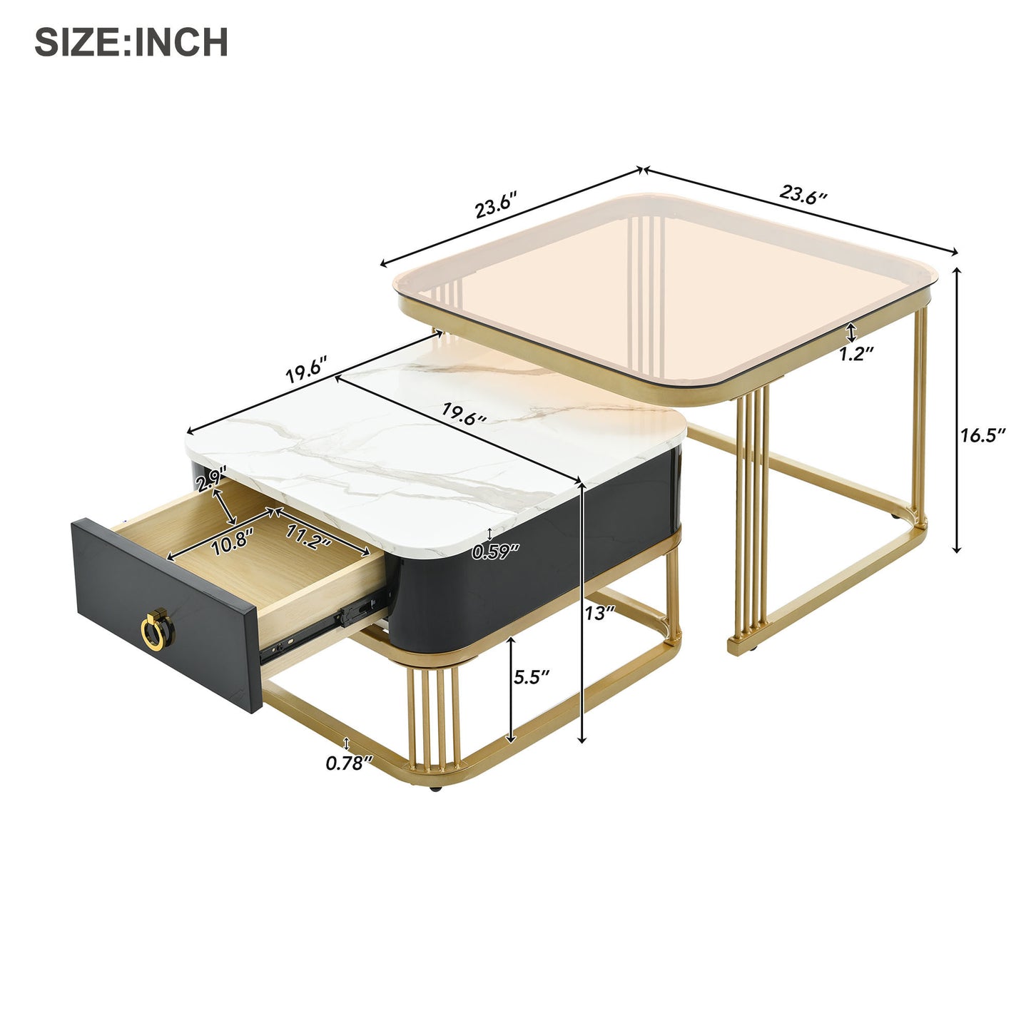 ON-TREND Nesting Coffee Table with Drawer, Set of 2, Exquisite Square Stacking Coffee Tables with Brown Tempered Glass, Side Table with High Gloss Marble Grain Tabletop for Living Room, Black