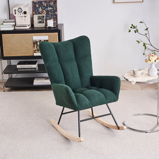 Rocking Chair Nursery, Solid Wood Legs Reading Chair with Teddy Fabric Upholstered , Nap Armchair for Living Rooms, Bedrooms, Offices, Best Gift,Emerald Teddy fabric