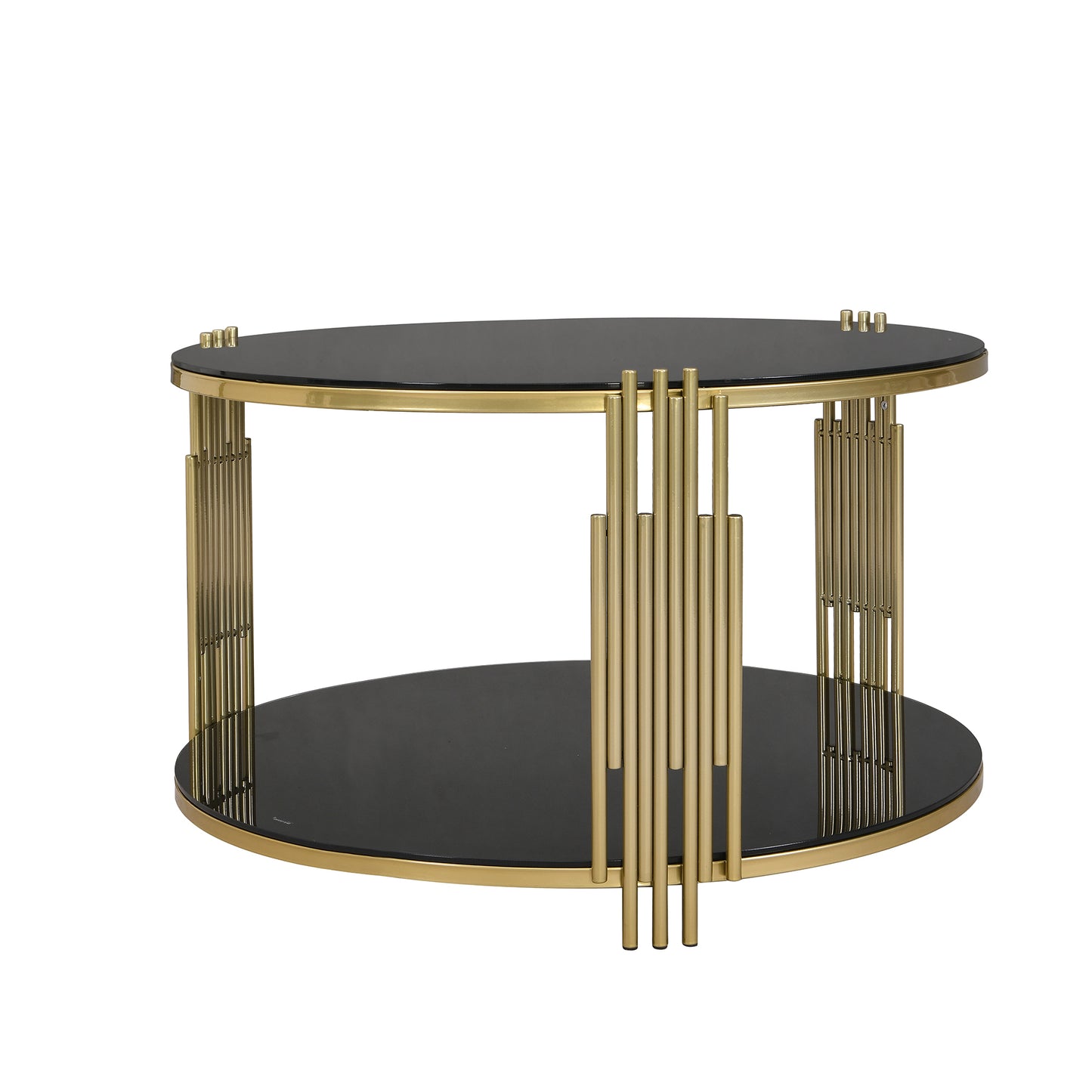 Modern Black Mirror Coffee Table, Asymmetrical Metal, Circular Metal Drum Base, Gold Finish & Lower Shelf